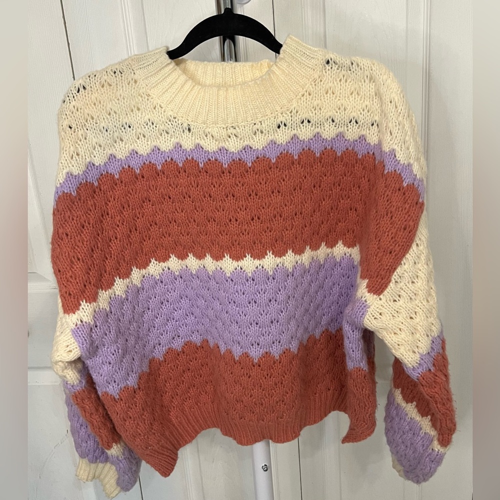 Debut L Large Chunky Knit Color Block Striped Sweater Balloon Sleeves